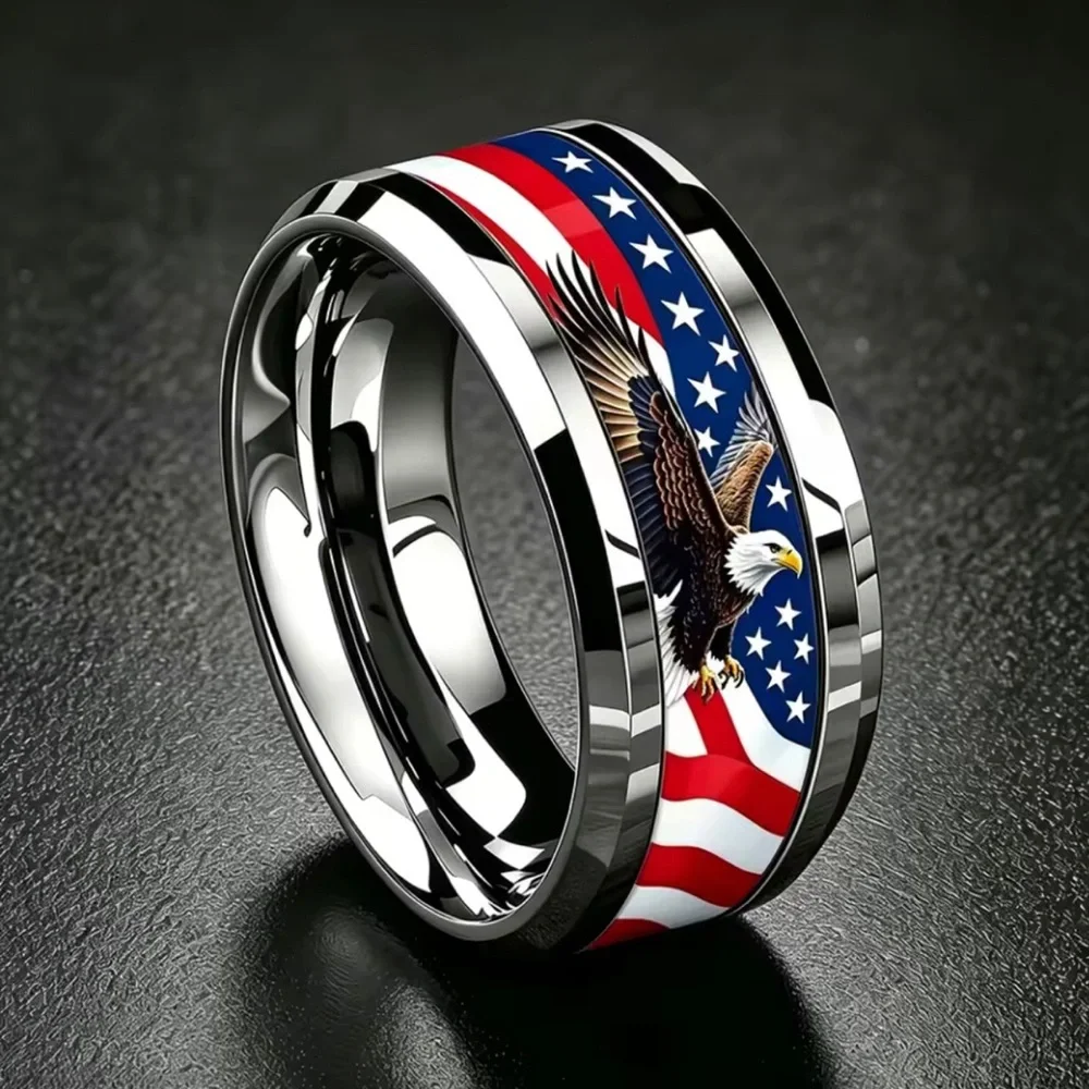 Patriotic Eagle Stainless Steel Men's Ring - Red White Blue